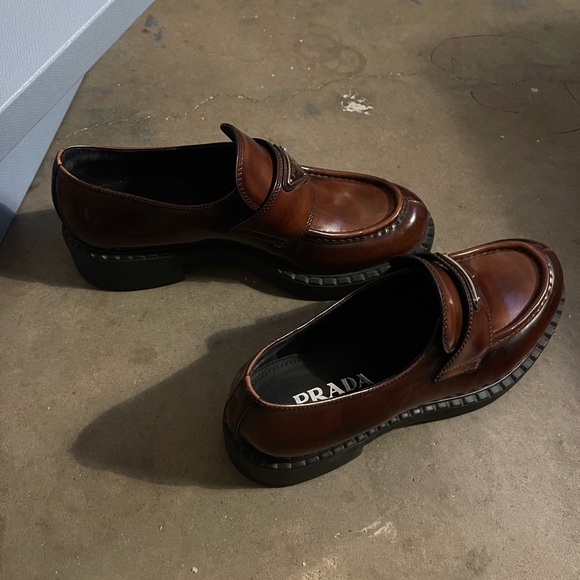 Prada Brown Leather Penny Loafers with Logo Plaque - Picture 5 of 8